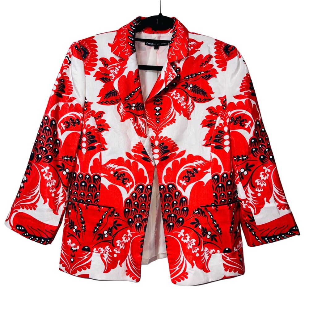 Preston & York Red and White Floral Blazer with Mandarin Collar